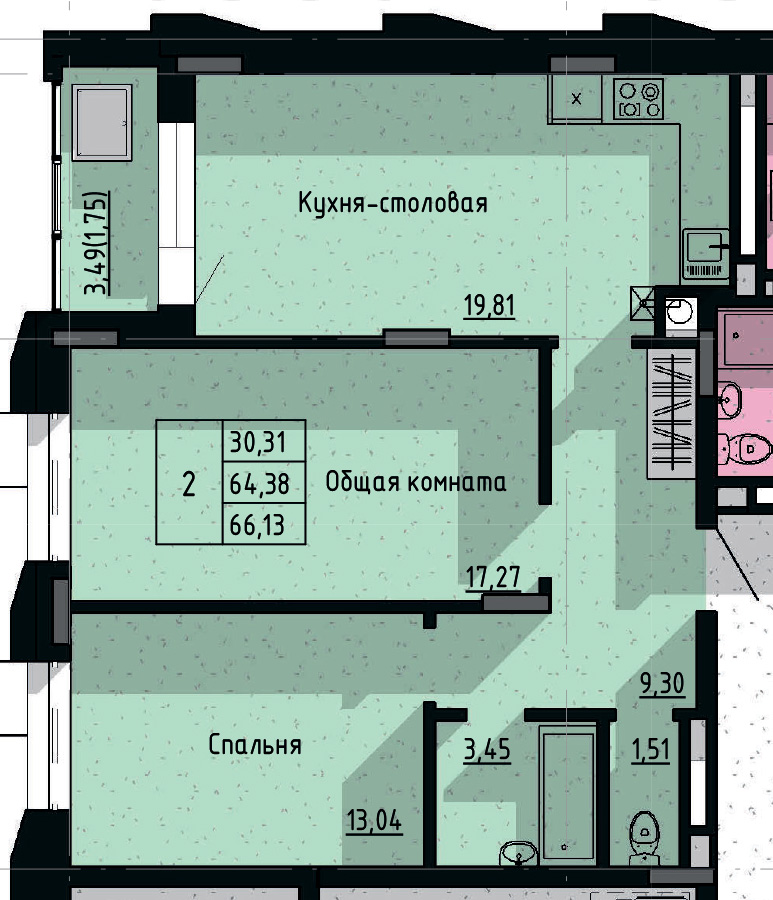 2 комн., 66.13 м²