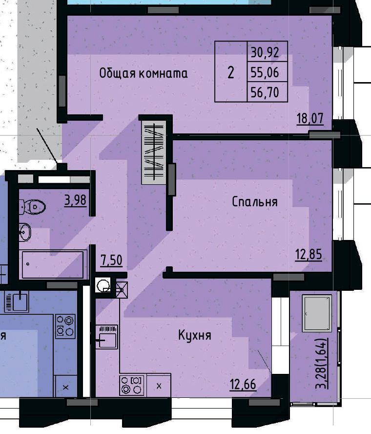 2 комн., 56.70 м²