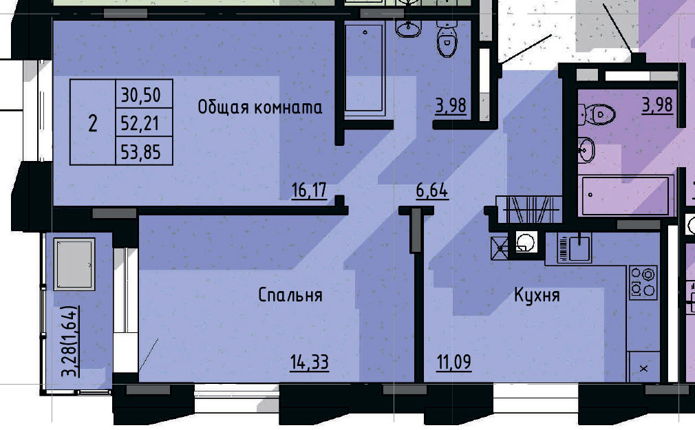 2 комн., 53.85 м²
