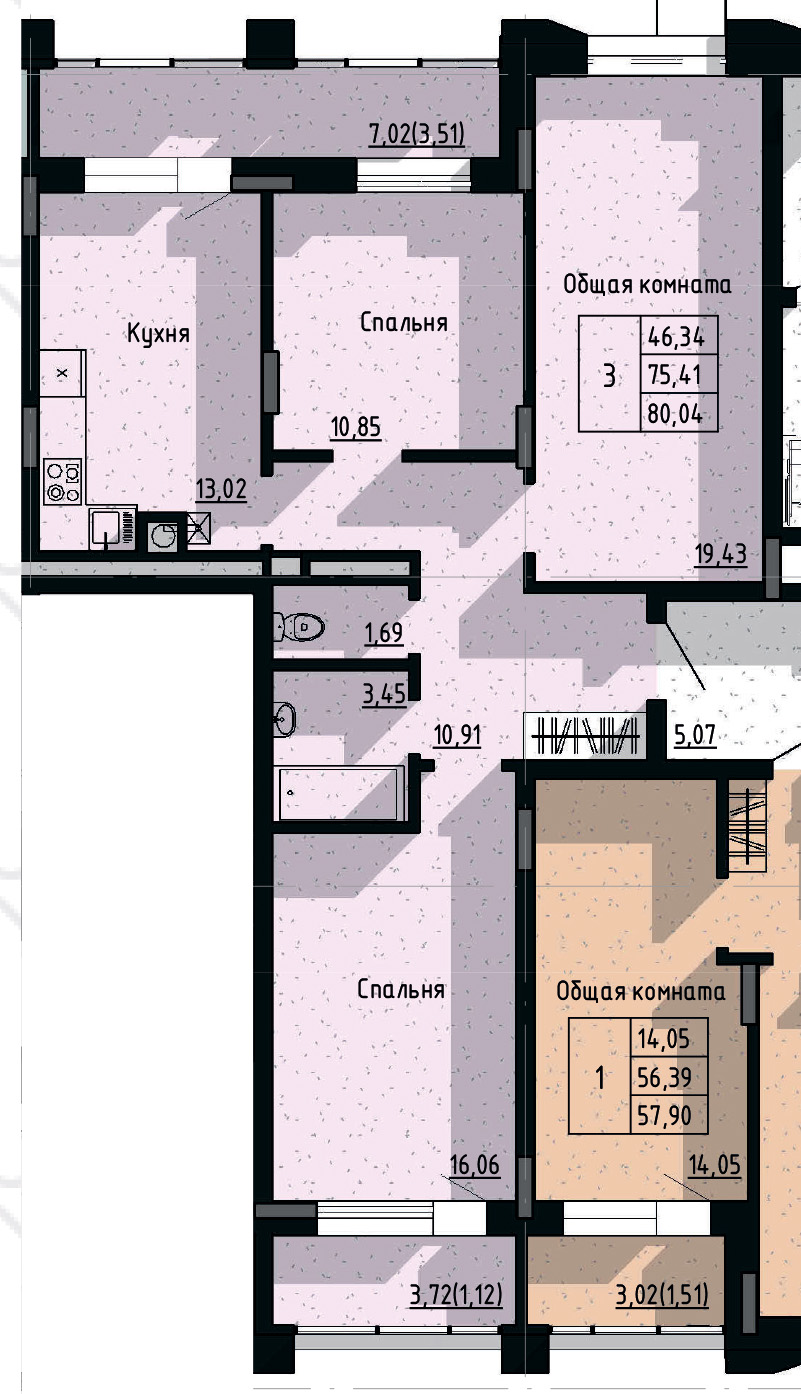 3 комн., 80.04 м²