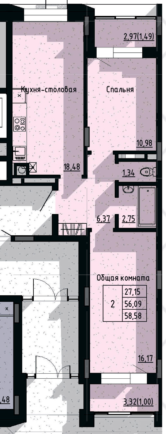 2 комн., 58.58 м²