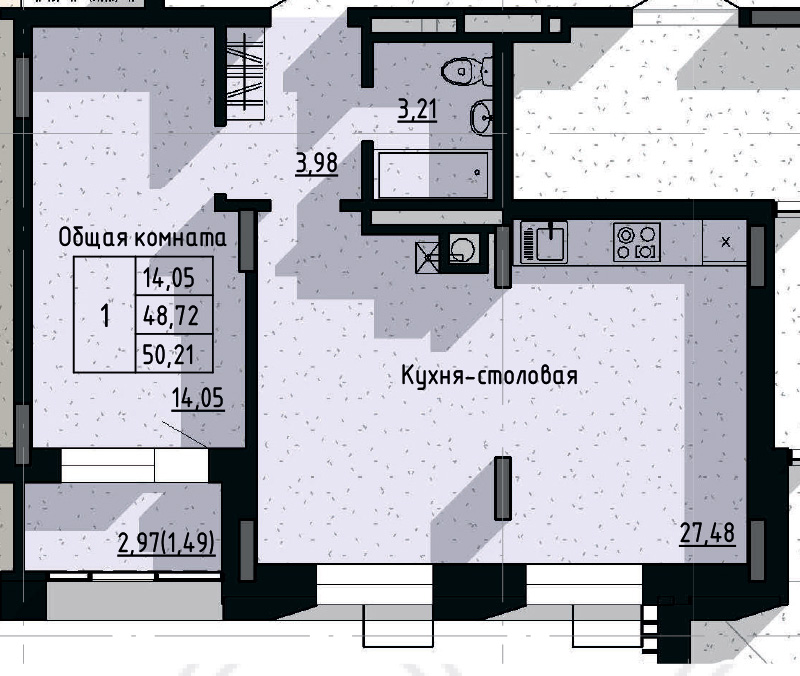1 комн., 50.21 м²