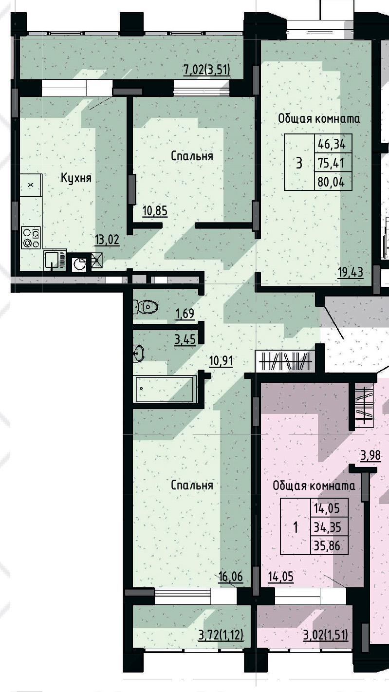 3 комн., 80.04 м²