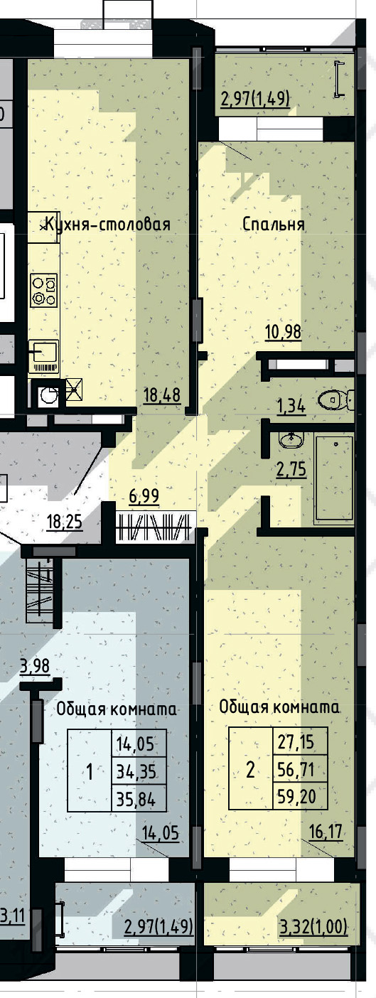2 комн., 59.20 м²