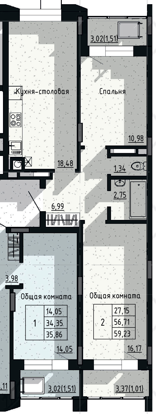 2 комн., 59.23 м²