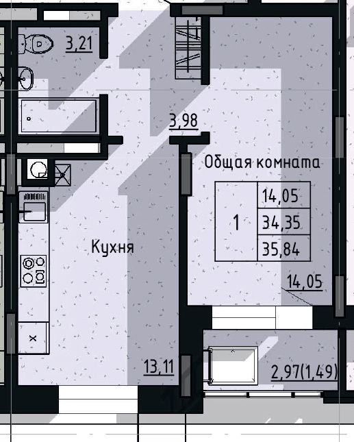 1 комн., 35.8 м²