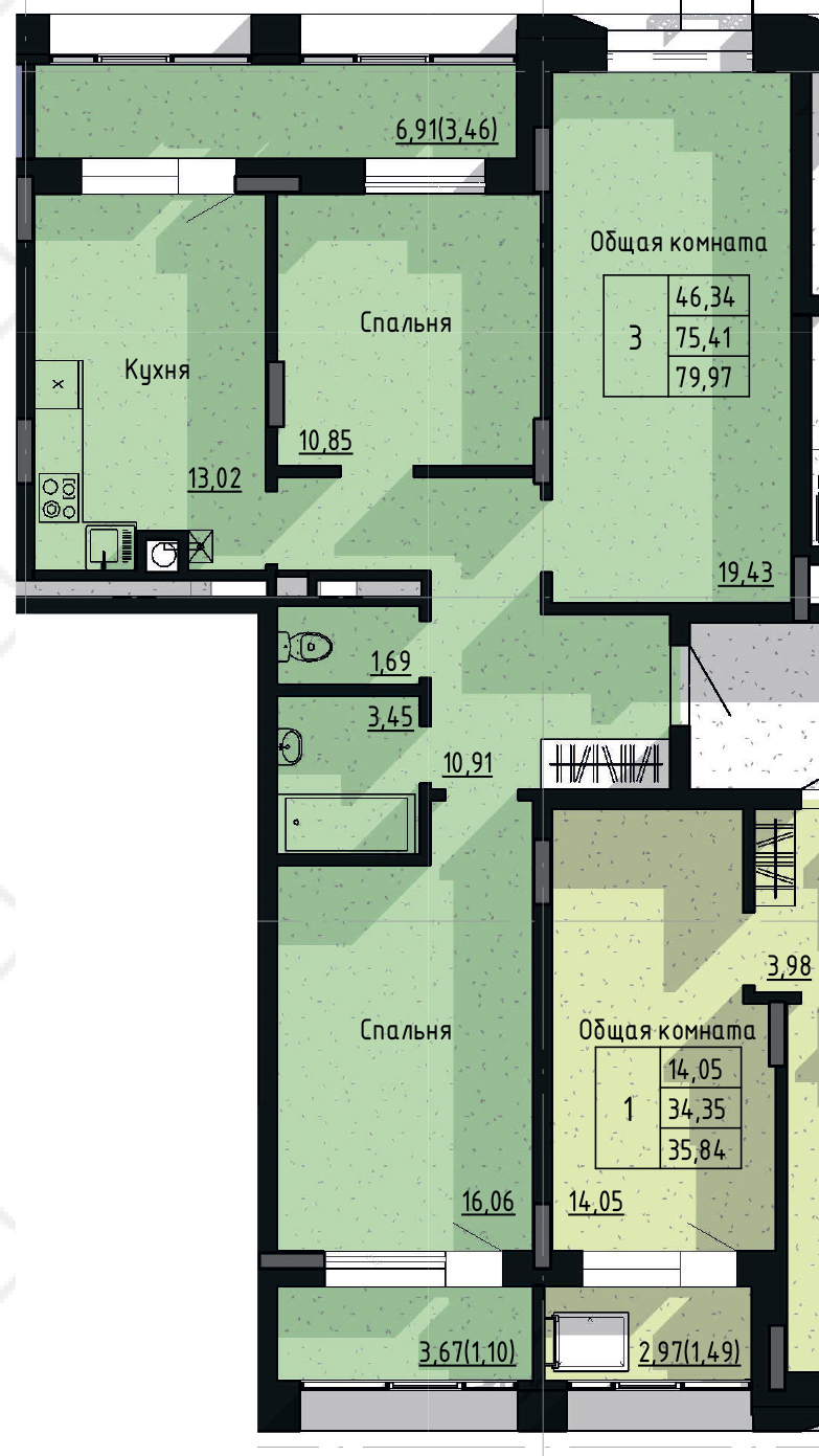 3 комн., 79.97 м²