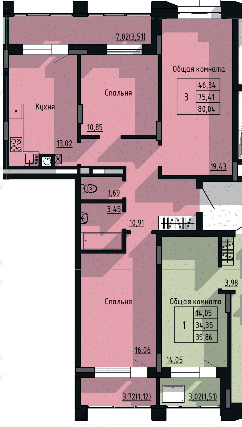 3 комн., 80.04 м²