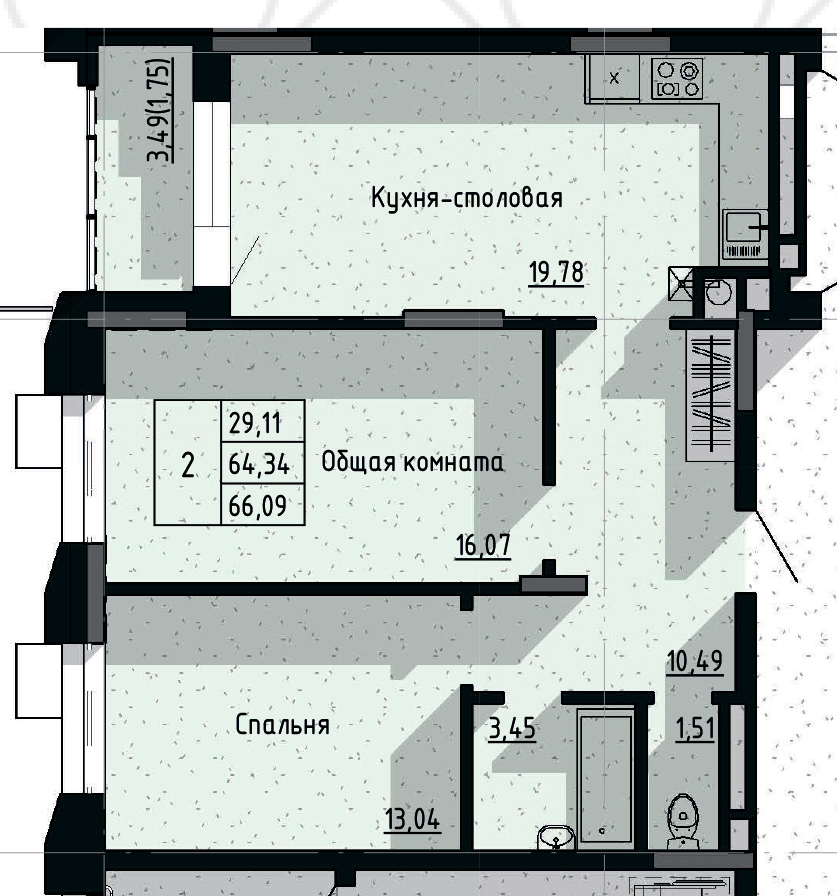 2 комн., 66.09 м²