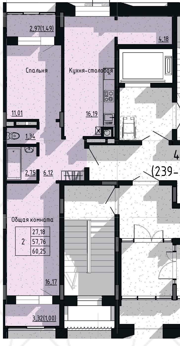 2 комн., 60.25 м²