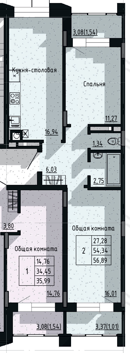 2 комн., 56.89 м²