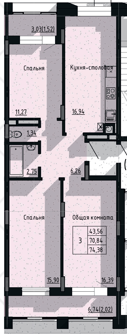 3 комн., 74.38 м²