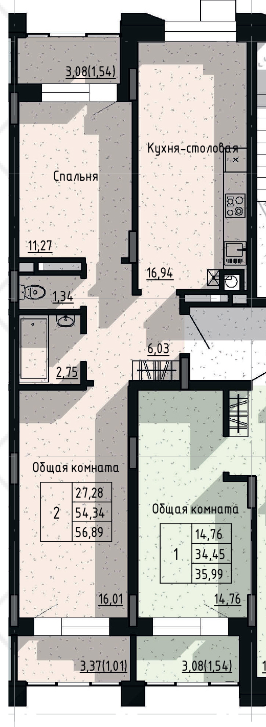 2 комн., 56.89 м²