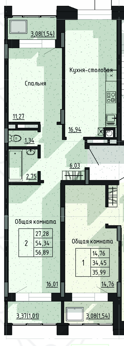 2 комн., 56.89 м²