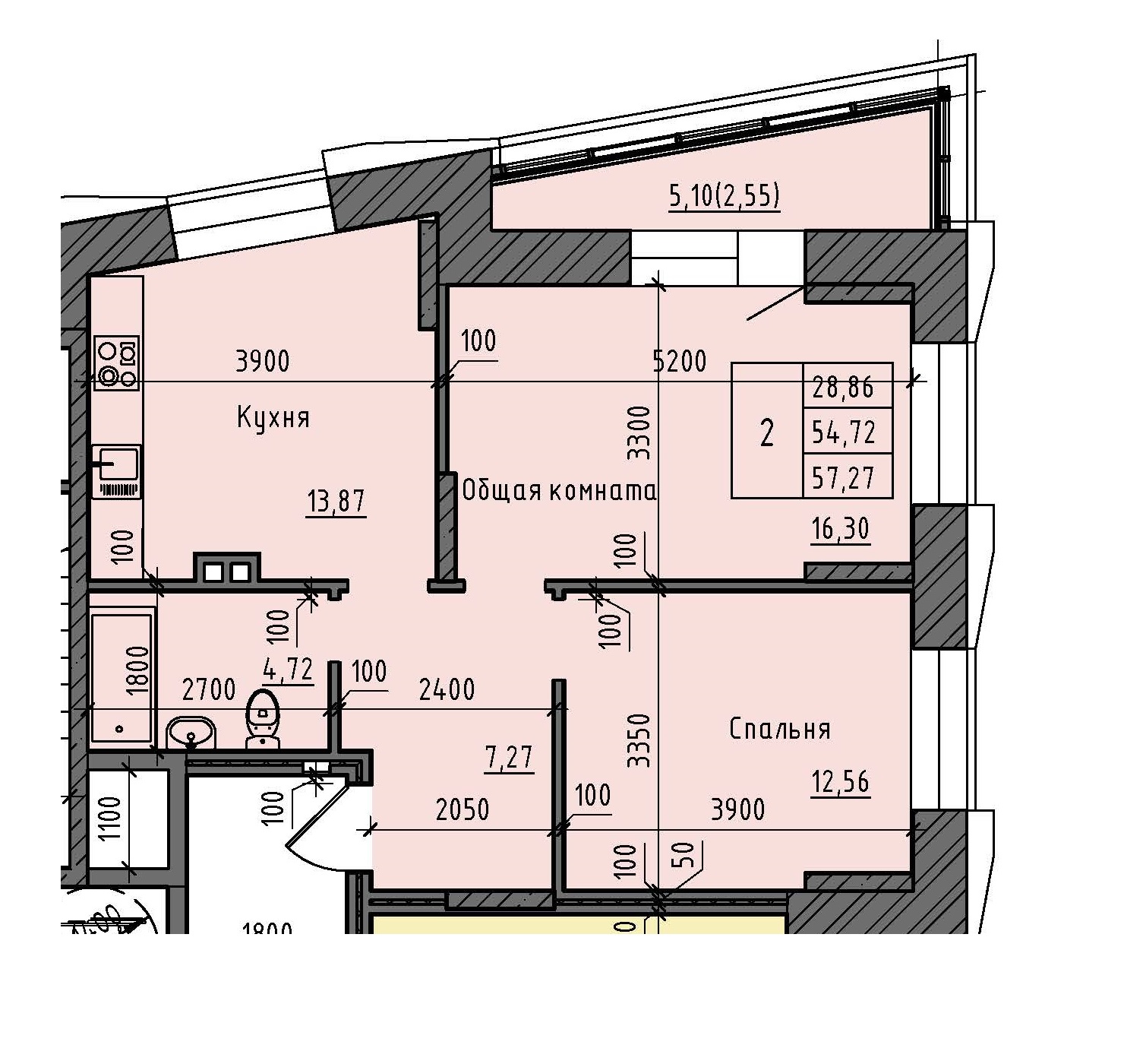 2 комн., 57.27 м²