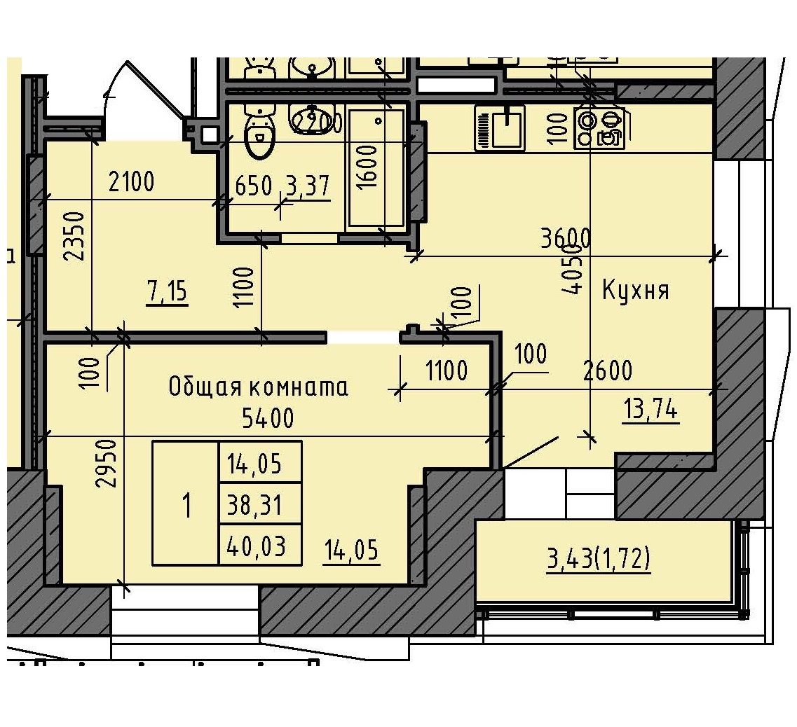 1 комн., 40.03 м²
