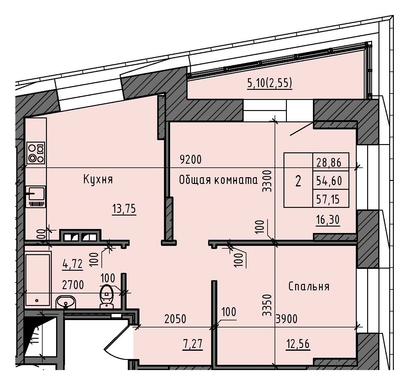 2 комн., 57.15 м²