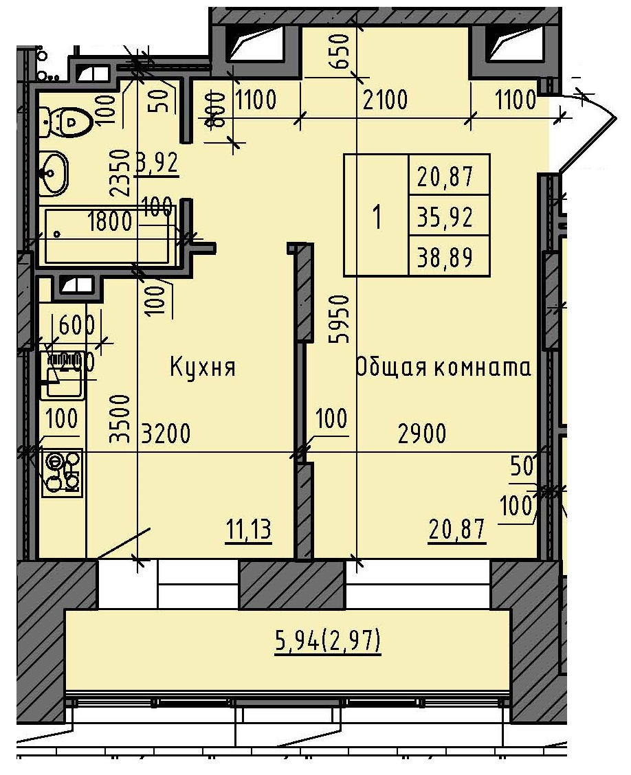 1 комн., 38.89 м²