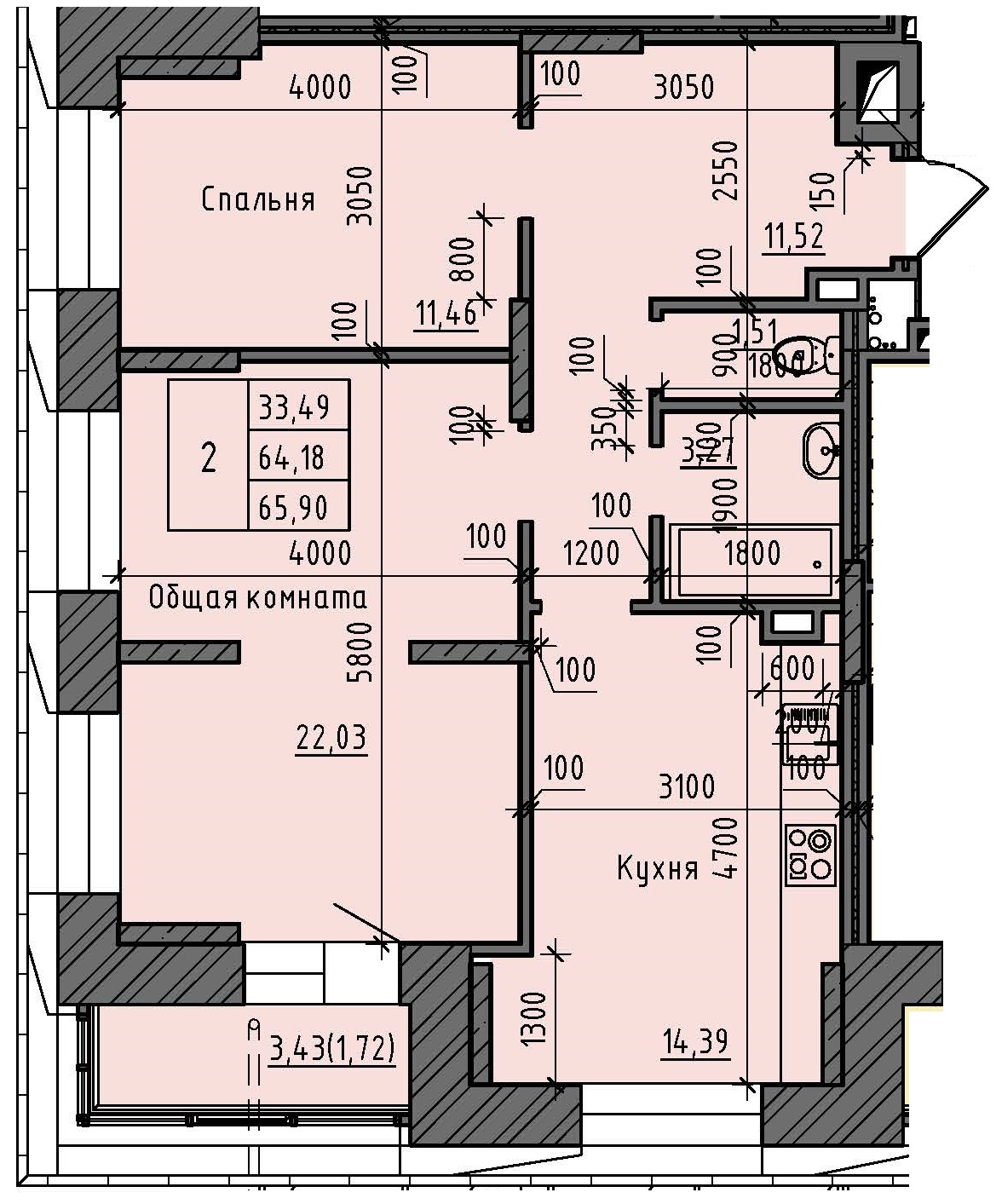 2 комн., 65.90 м²