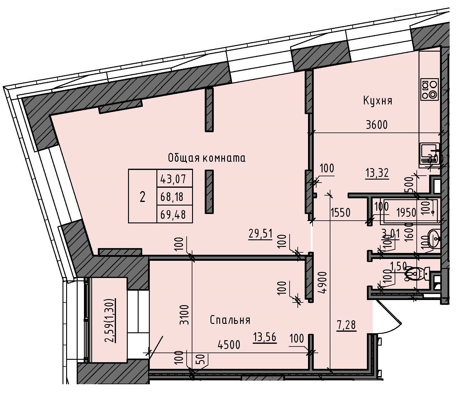 2 комн., 69.48 м²