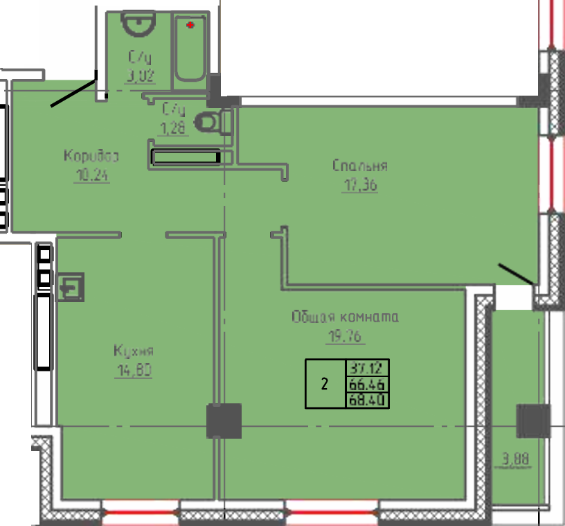 2 комн., 68.40 м²