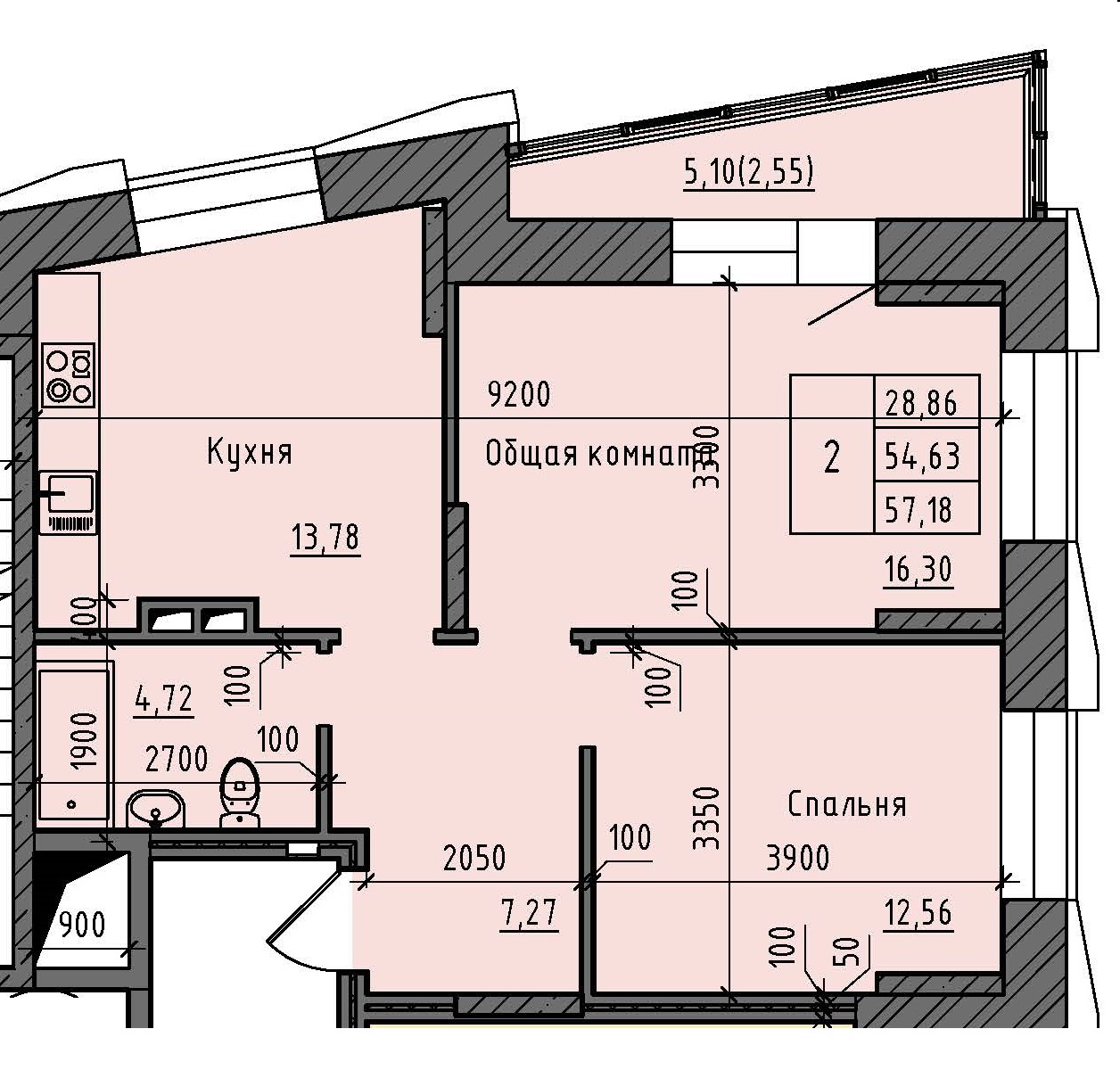 2 комн., 57.18 м²