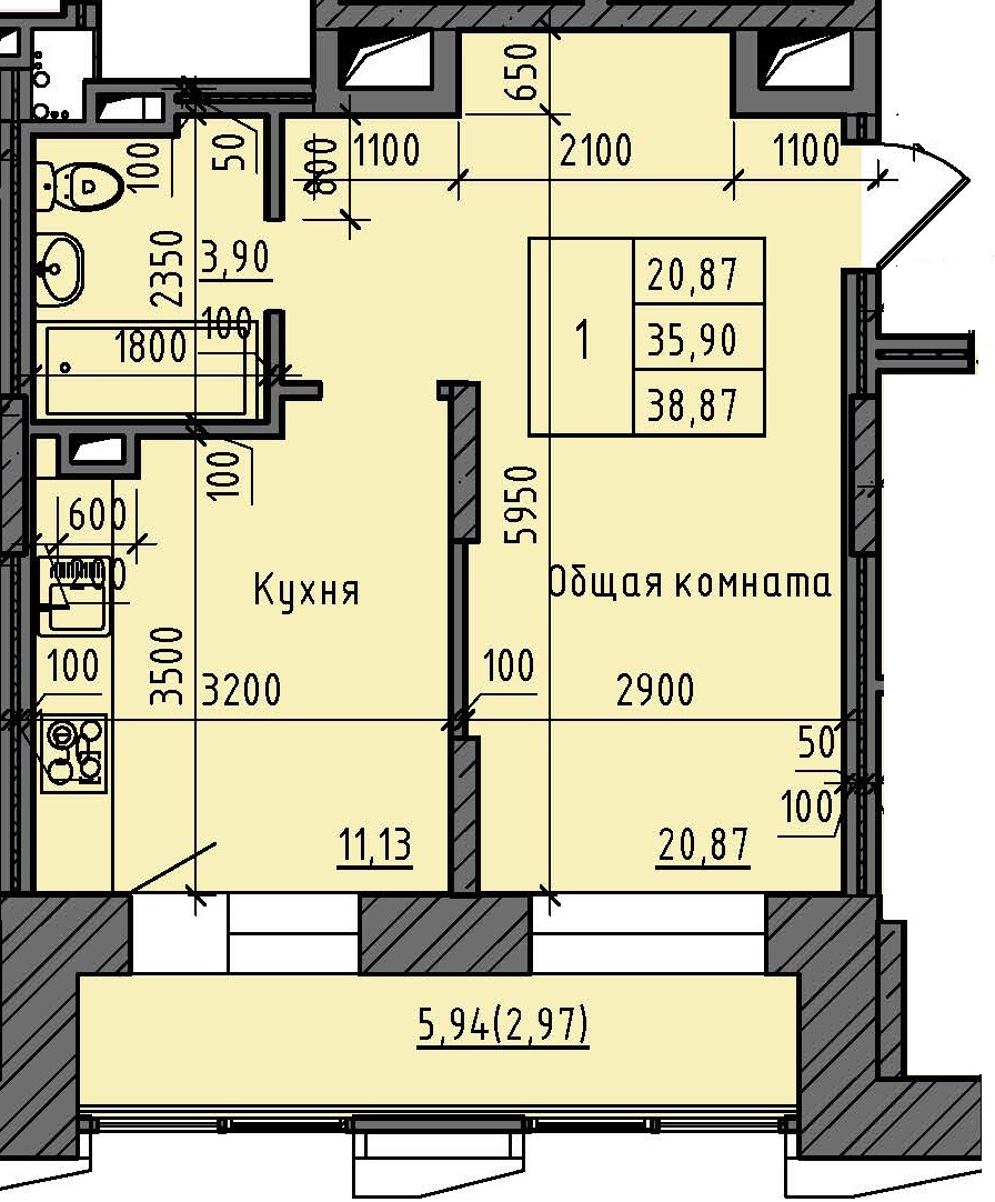 1 комн., 38.87 м²