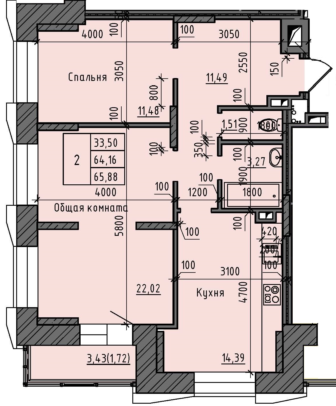 2 комн., 65.88 м²