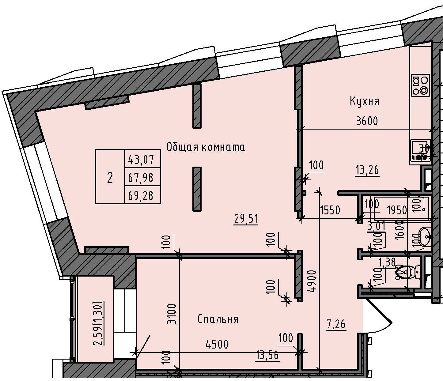 2 комн., 69.28 м²