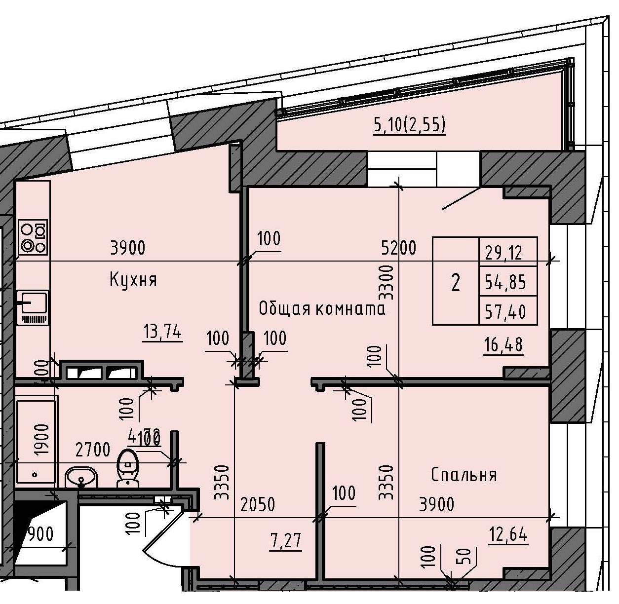 2 комн., 57.40 м²