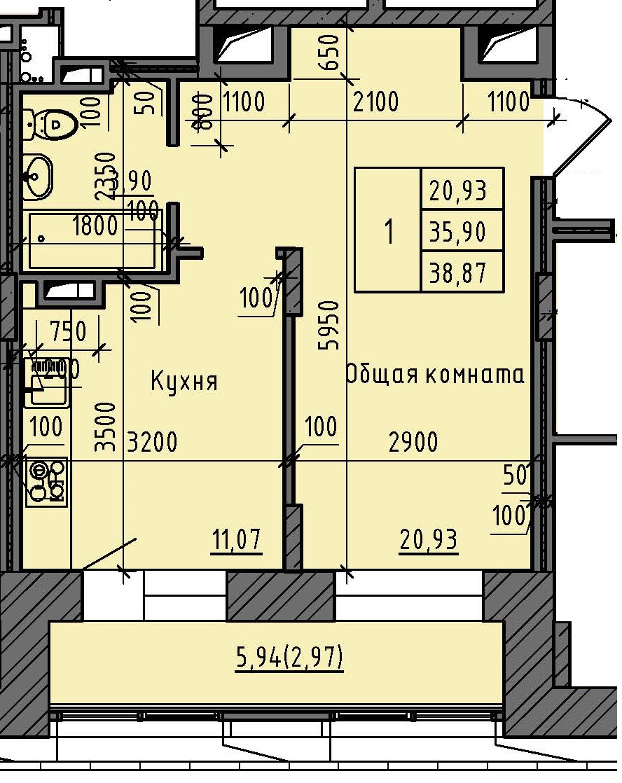 1 комн., 38.87 м²