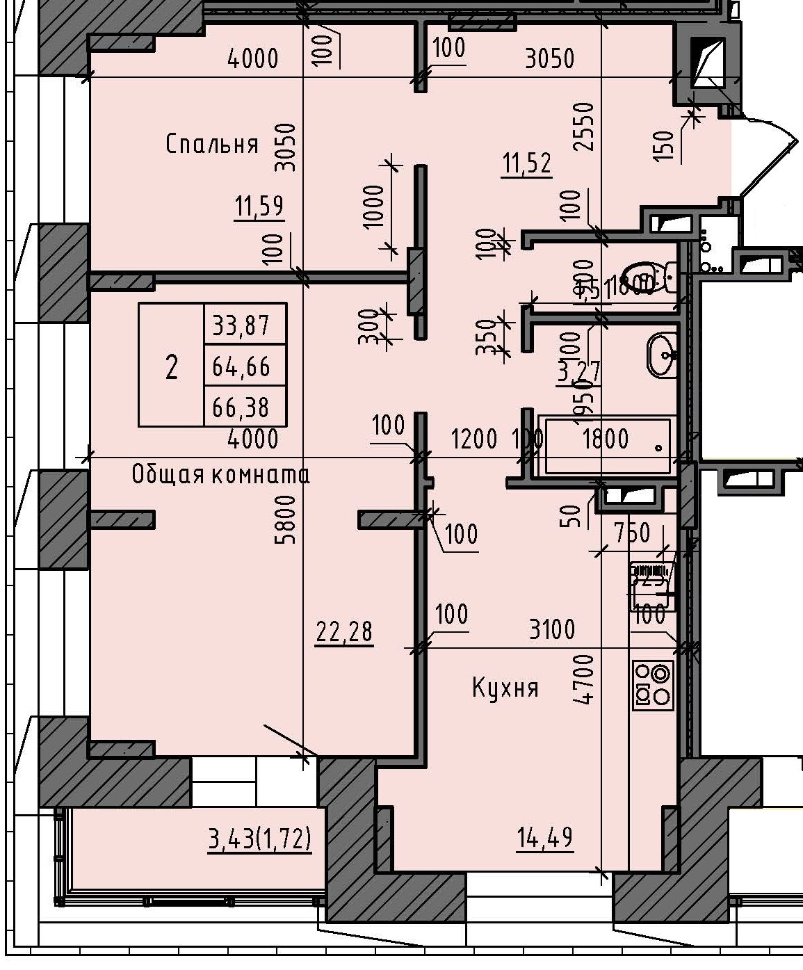 2 комн., 66.38 м²