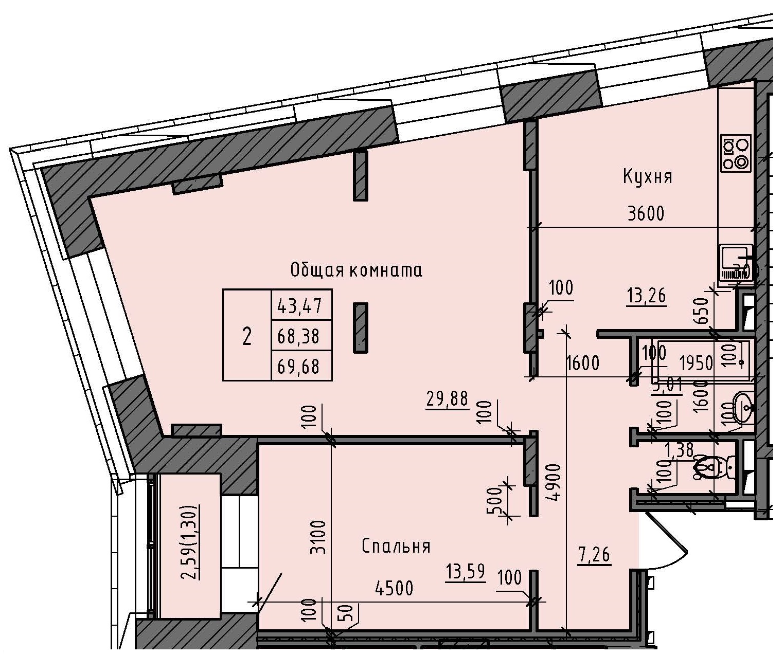 2 комн., 69.68 м²