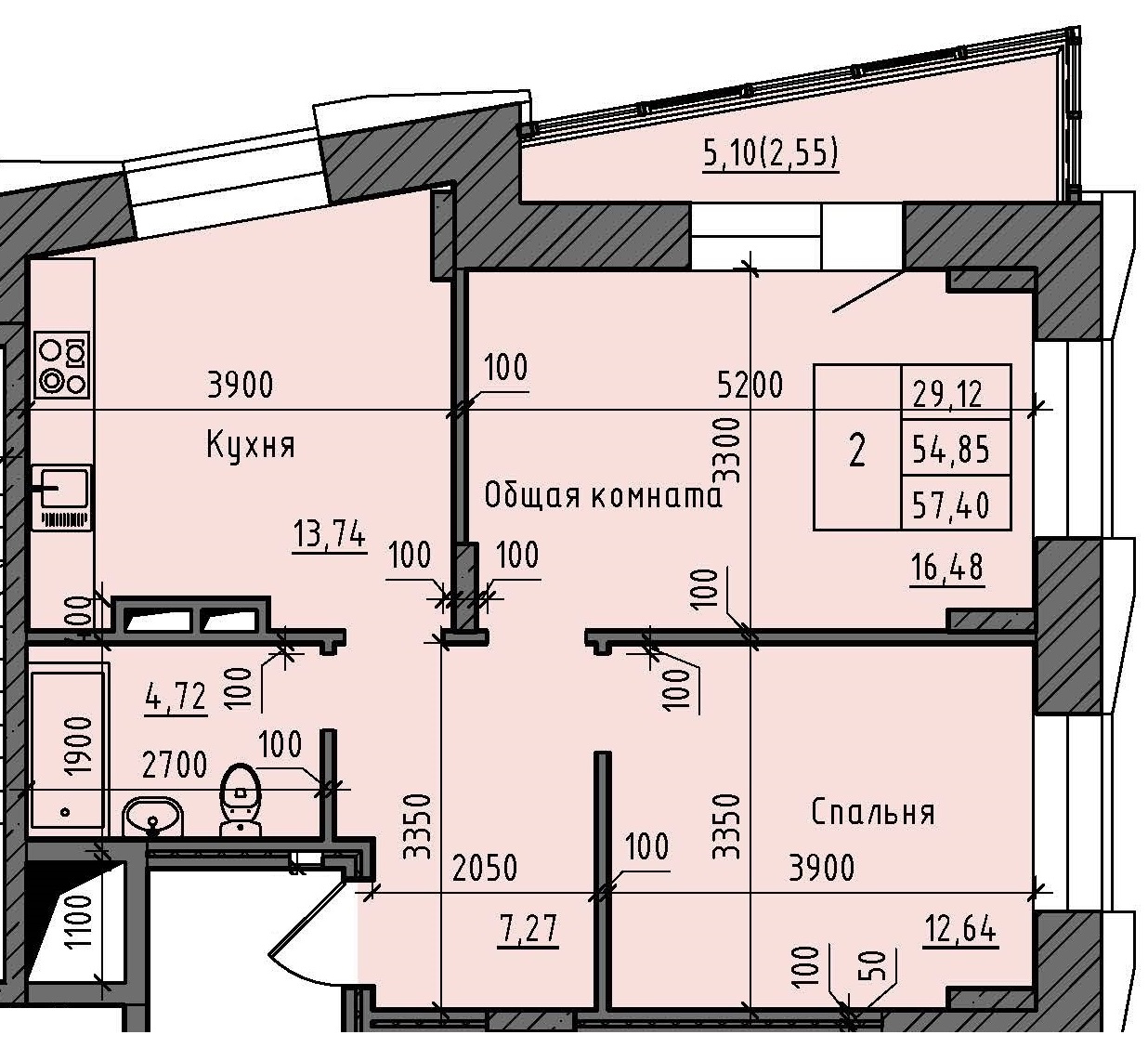 2 комн., 57.40 м²