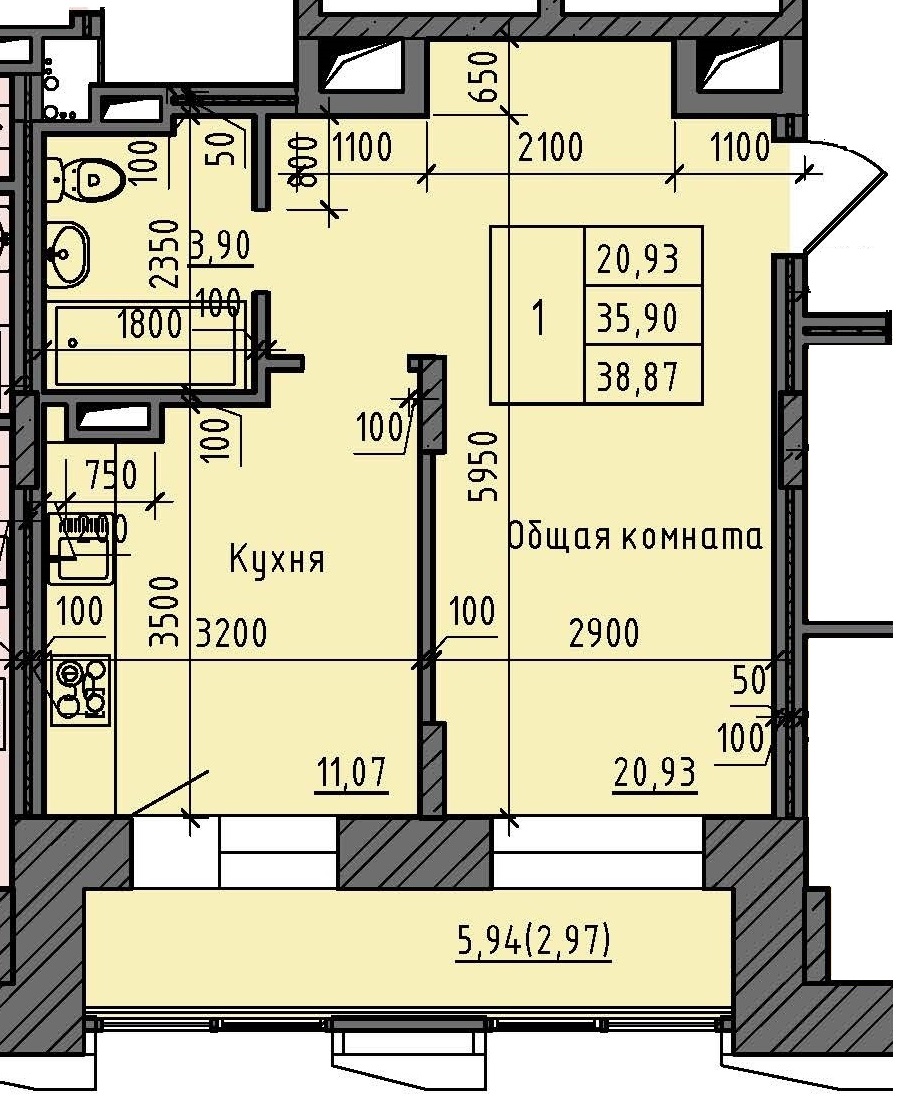 1 комн., 38.87 м²