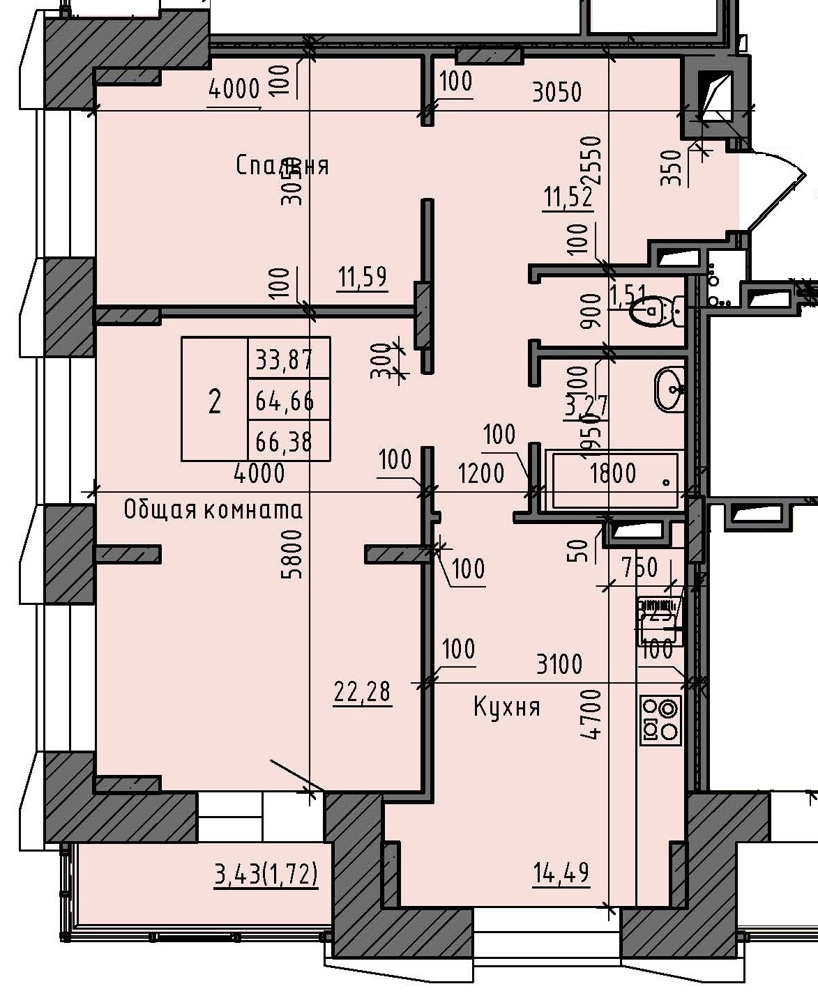 2 комн., 66.38 м²