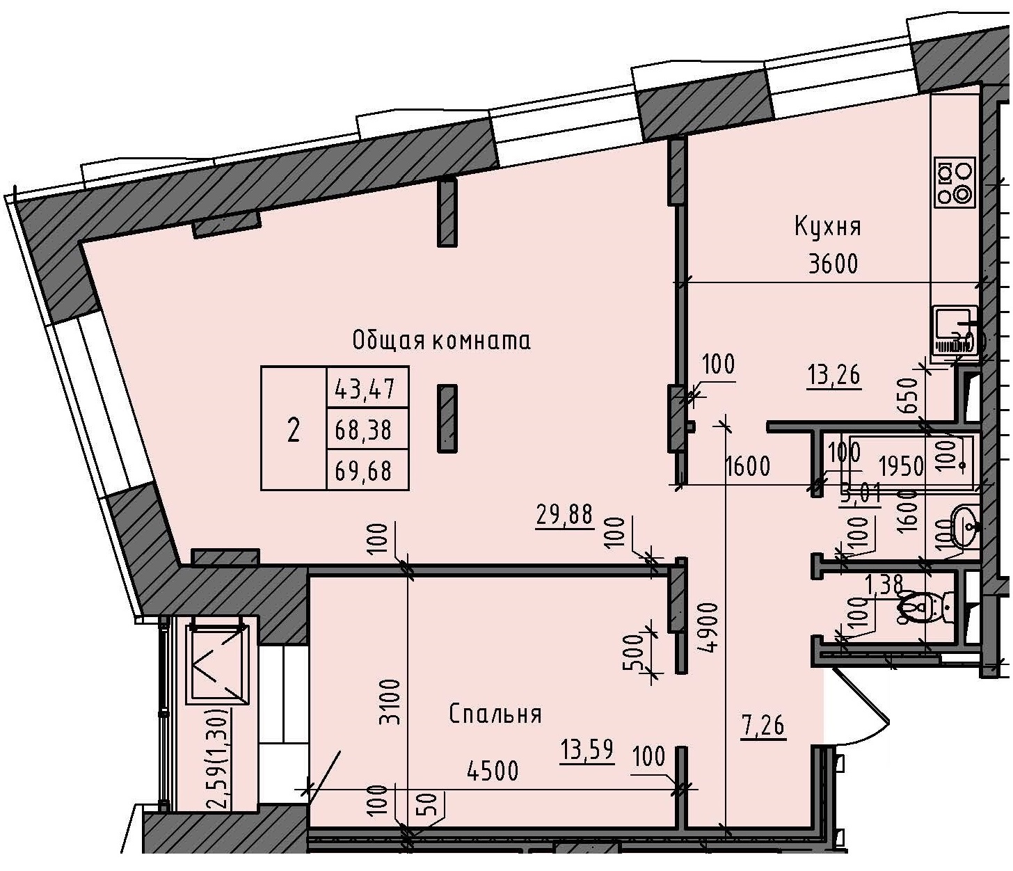 2 комн., 69.68 м²