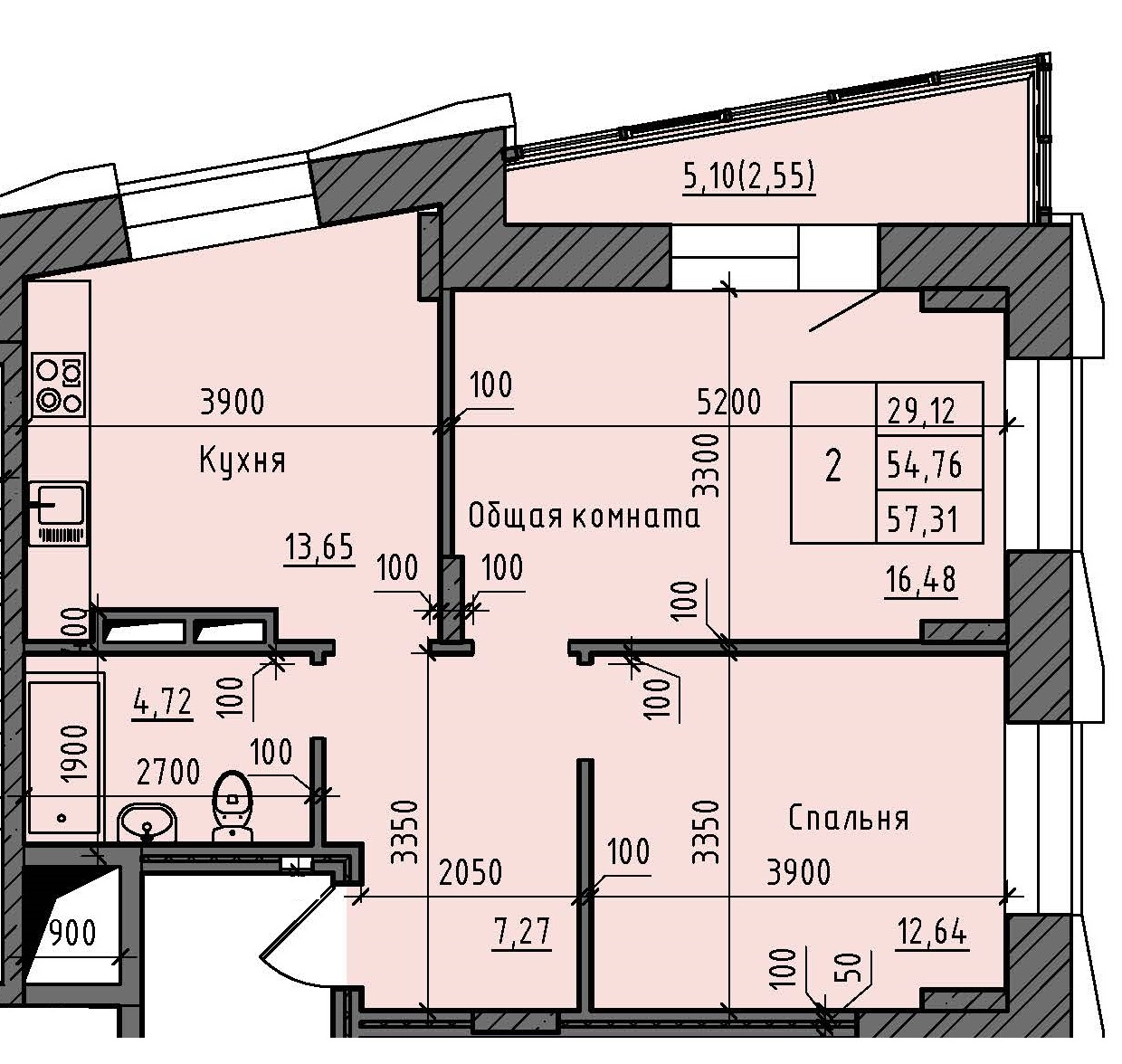 2 комн., 57.31 м²