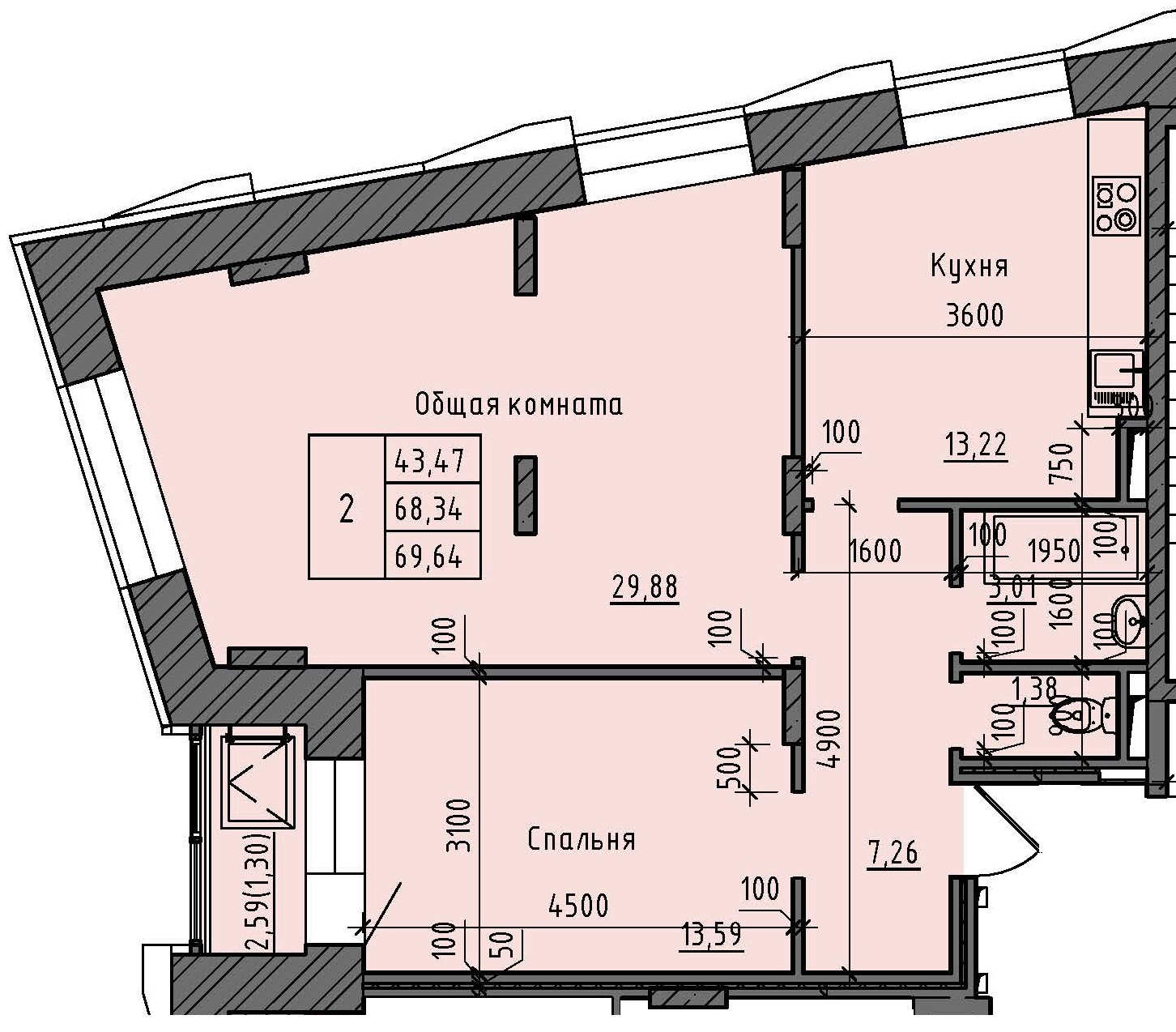 2 комн., 69.64 м²