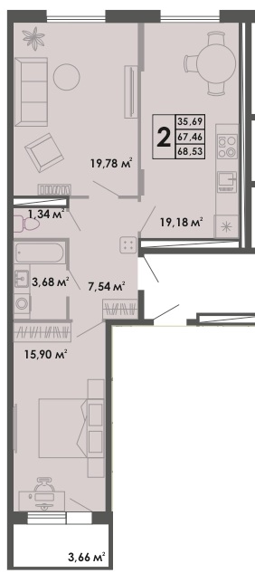 2 комн., 68.5 м²