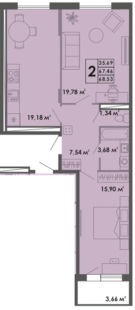 2 комн., 68.5 м²