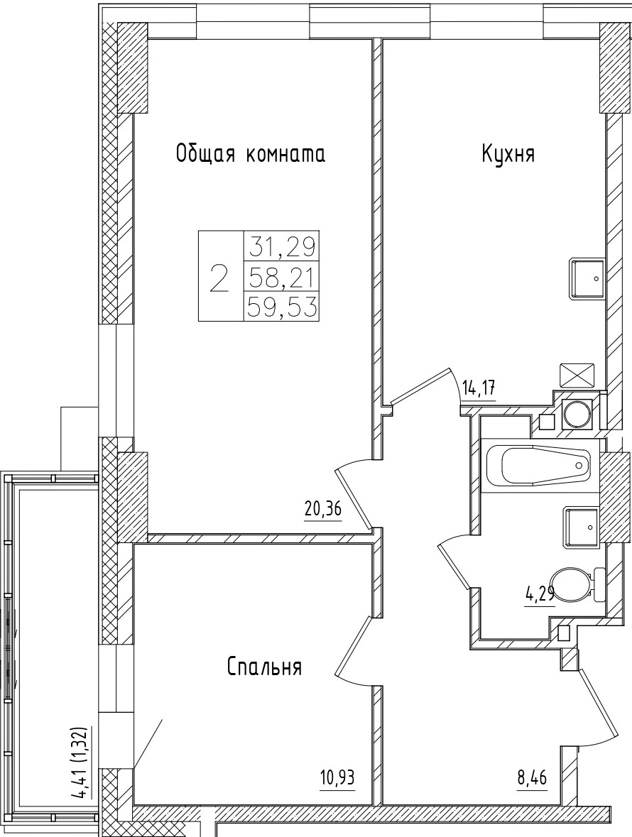2 комн., 59.53 м²