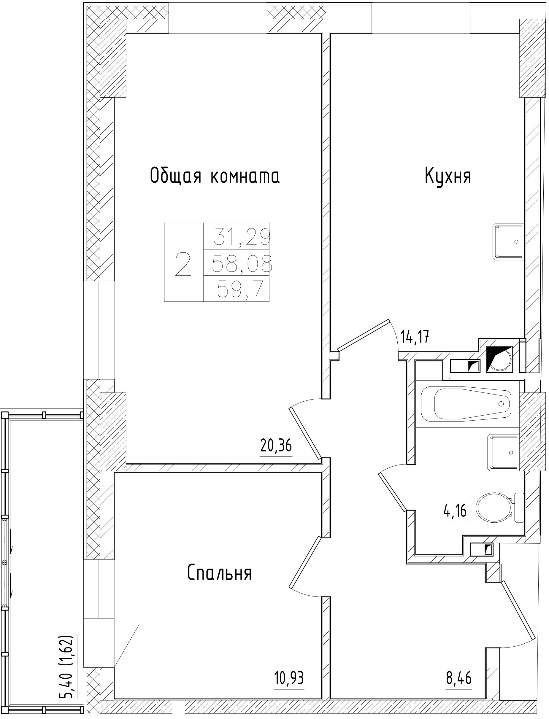 2 комн., 59.70 м²