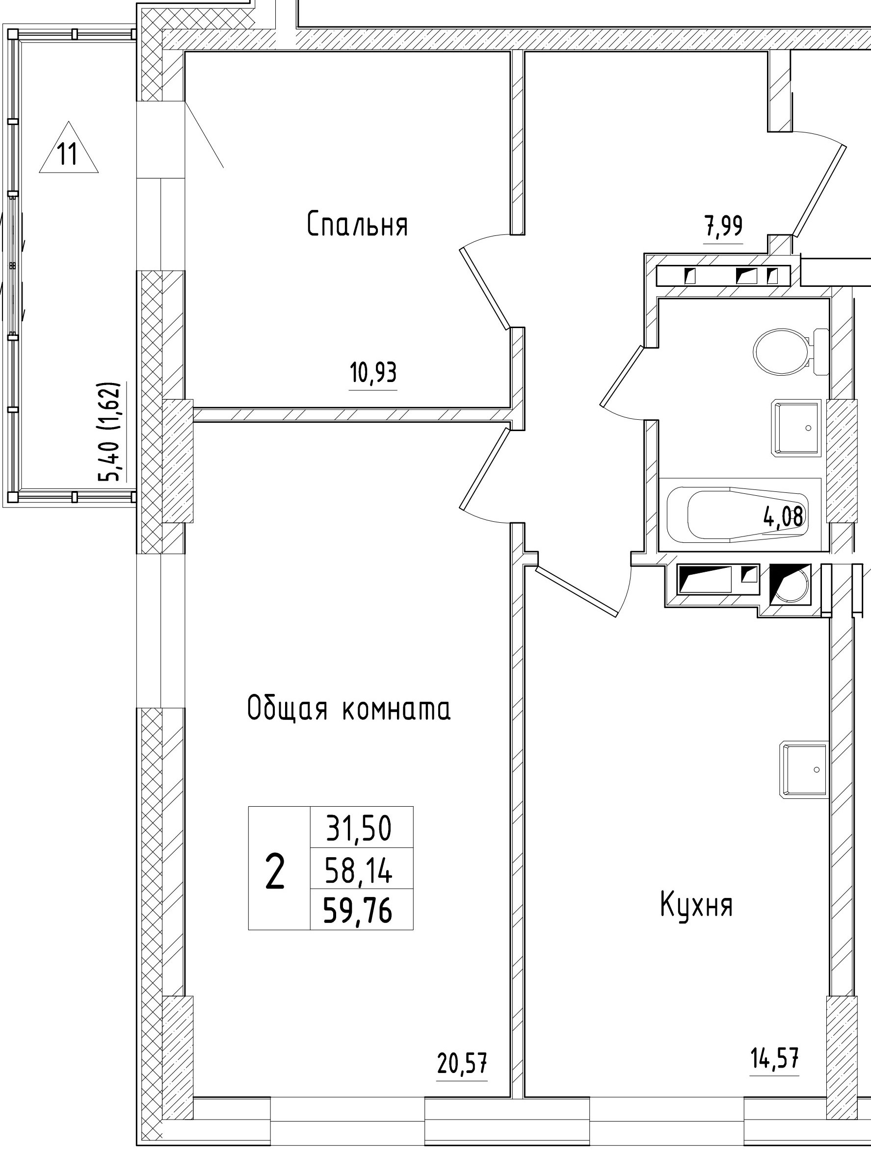 2 комн., 59.76 м²