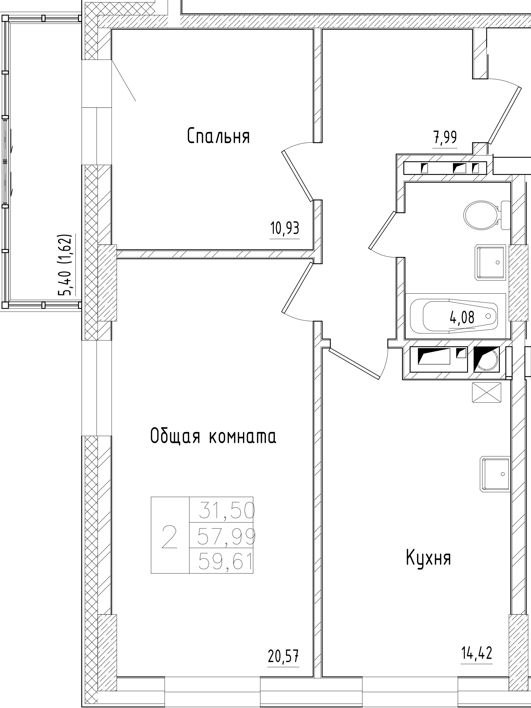 2 комн., 59.61 м²