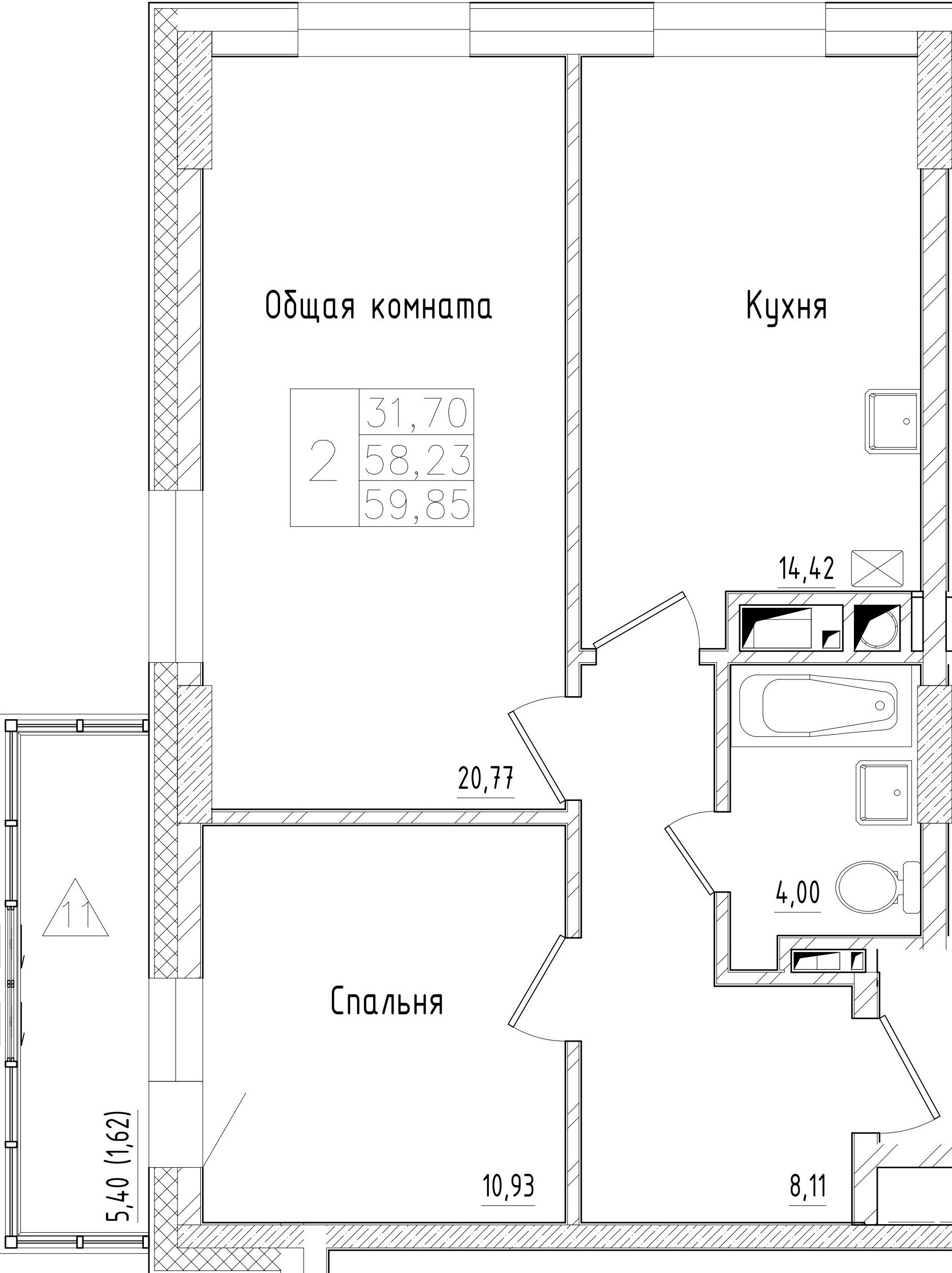 2 комн., 59.85 м²