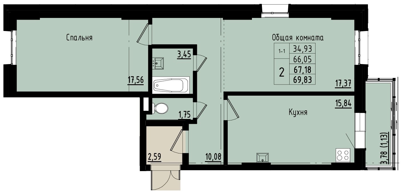 2 комн., 67.18 м²
