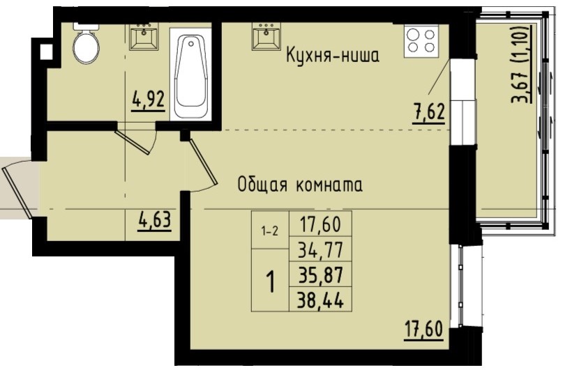 1 комн., 35.87 м²