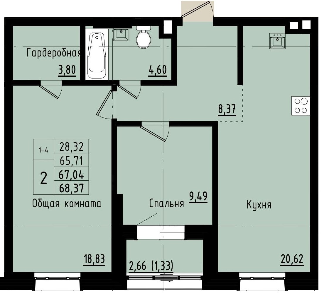 2 комн., 67.04 м²