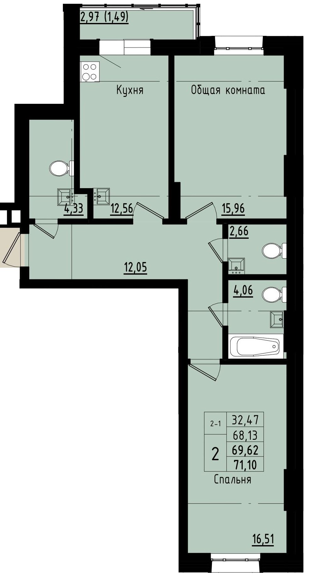 2 комн., 69.62 м²